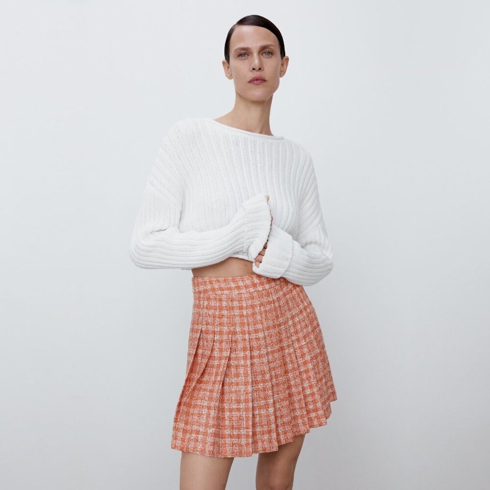 🎈HOST P 🎈 NEW ZARA Tweed Pleated Structured Mini High Waist Plaid Skirt, XXL - Picture 7 of 16